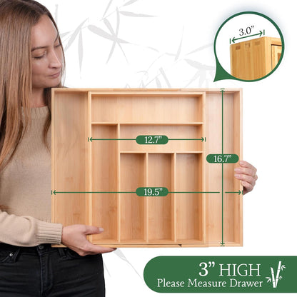 Utensil Drawer Organizer - 3" Deep 100% Bamboo Expandable Adjustable Kitchen Silverware Storage Tray with Magnetic Lock