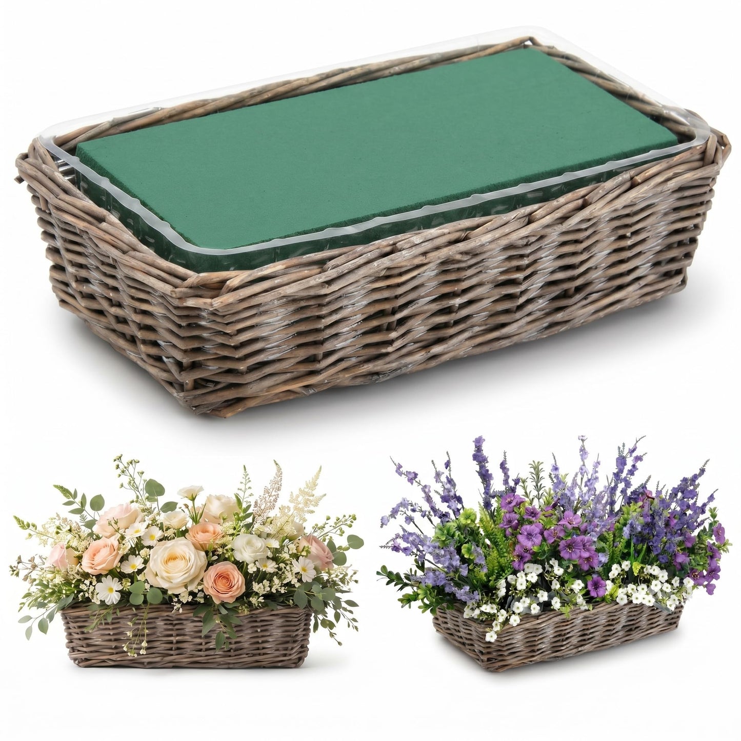Dandat 1 Set Rectangular Wicker Planter Box for Centerpieces Rattan Planter Basket Kit with Floral Foam & Clear Plastic Liners for Wedding Table Decor, Gardening & Home Decoration