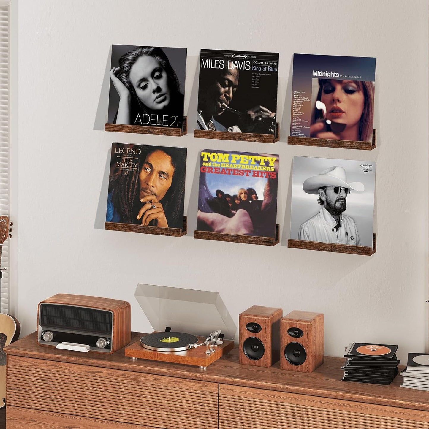 12 inch Album Pack 6 Vinyl Record Shelf Wall Mount, Wooden Record Holder Display, of Floating Shelves for Wall