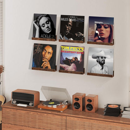 12 inch Album Pack 6 Vinyl Record Shelf Wall Mount, Wooden Record Holder Display, of Floating Shelves for Wall