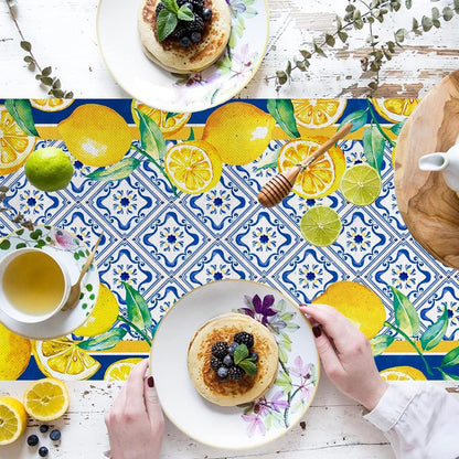 13x90 Inch Capri Blue Lemon Table Runner Italy Tile Burlap Artificial Yellow Lemon Fruit Table Runners Farmhouse Coffee