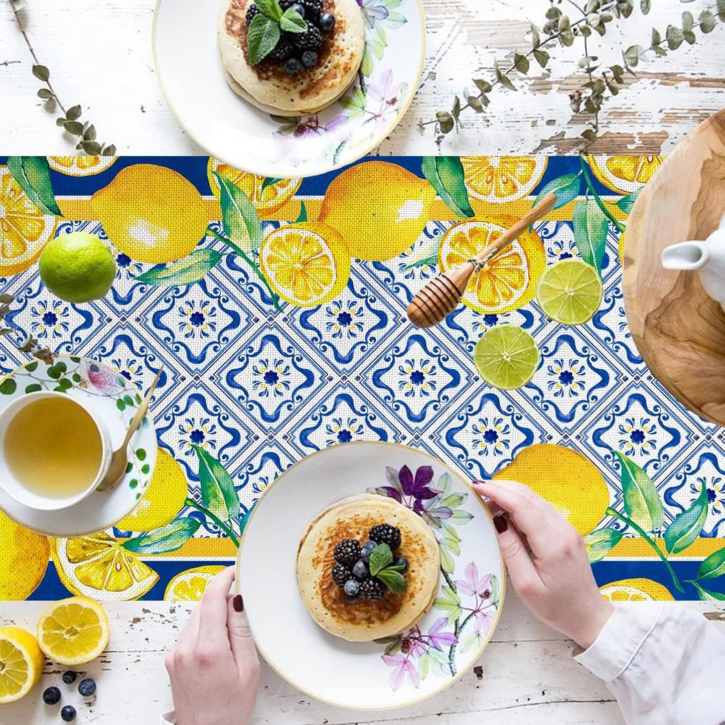 13x72 Inch Capri Blue Lemon Table Runner Italy Tile Burlap Artificial Yellow Lemon Fruit Table Runners Farmhouse Coffee