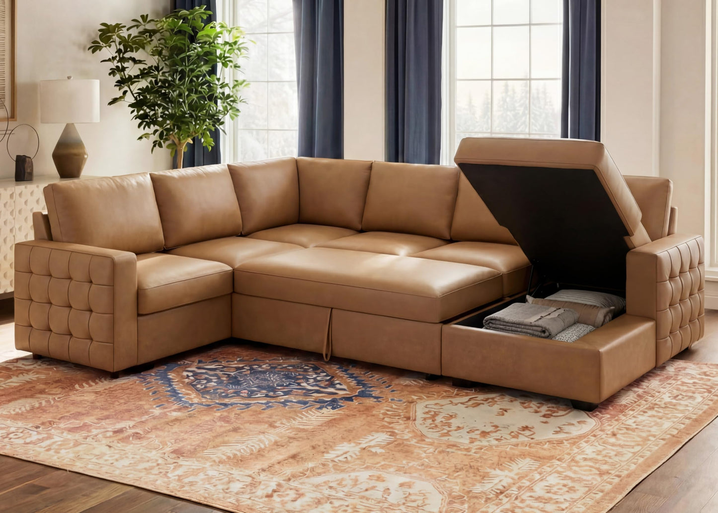 Leathaire 111 Inch Sectional Sleeper Sofa with Pull Out Bed, U Shaped 6 Seat Modular Sectional Couch with Storage for Living Room, Faux Leather Brown