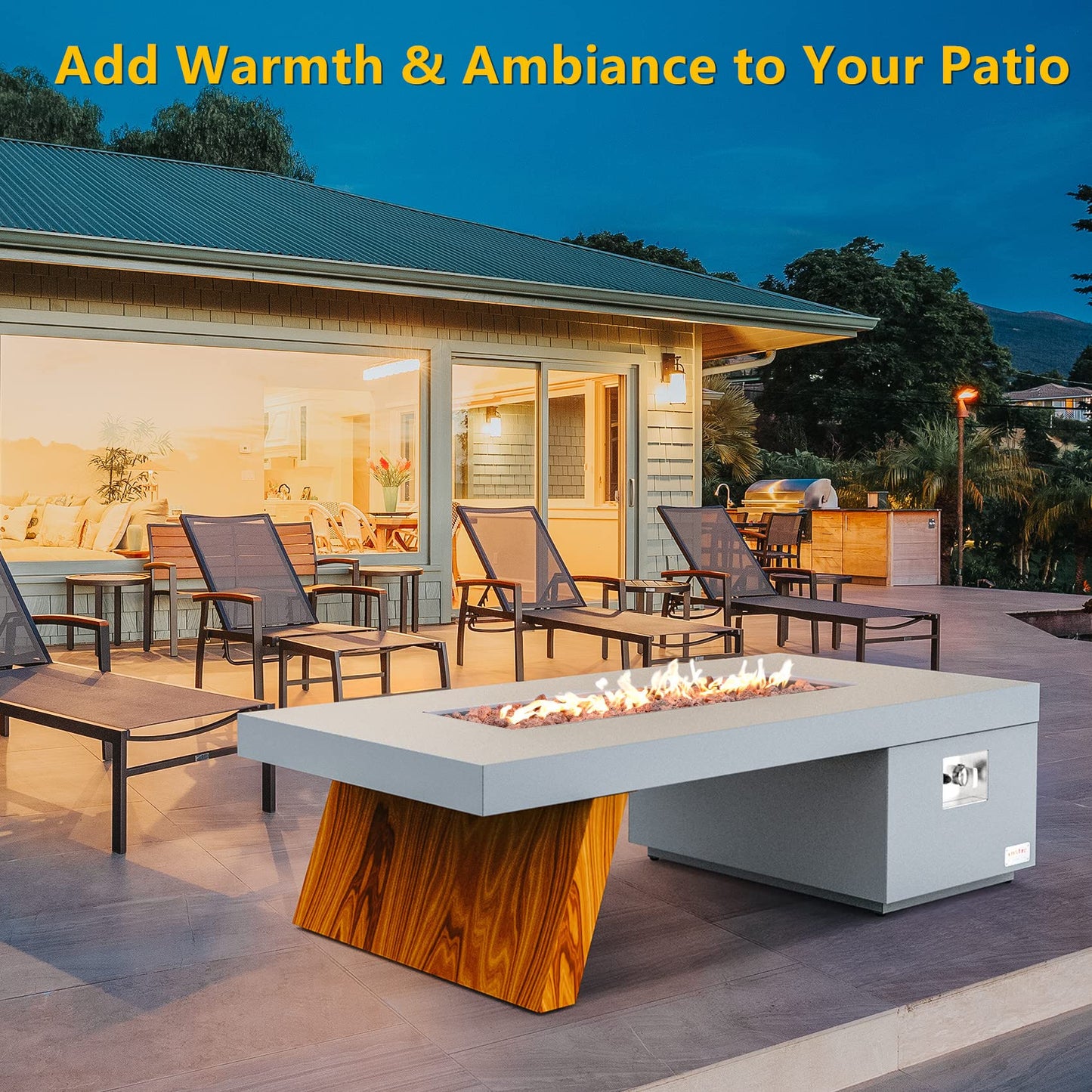 ONLYFIRE OUTDOOR LIVING Premium 60” Gas Fire Pit Table with Unique Wooden-Visual Leg, Large Propane Fire Table with Lava Rocks, Smokeless Fireplace 60,000BTU for Backyard Patio Villa Bonfire, FP015