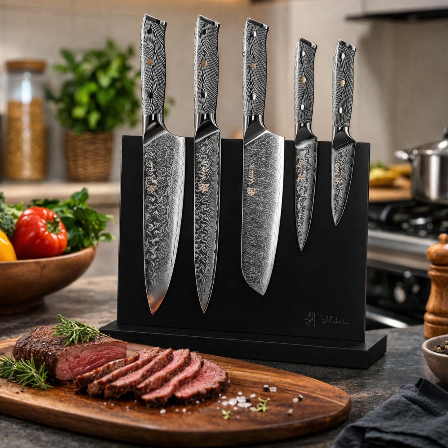 Wakoli Noir Blanc Damascus Knife Block Set – 5-Piece Professional Chef Knife Collection with Magnetic Block – Kitchen Knives made of 67-Layer Damascus Steel Blades & Ergonomic G10 Handles in Gift Box