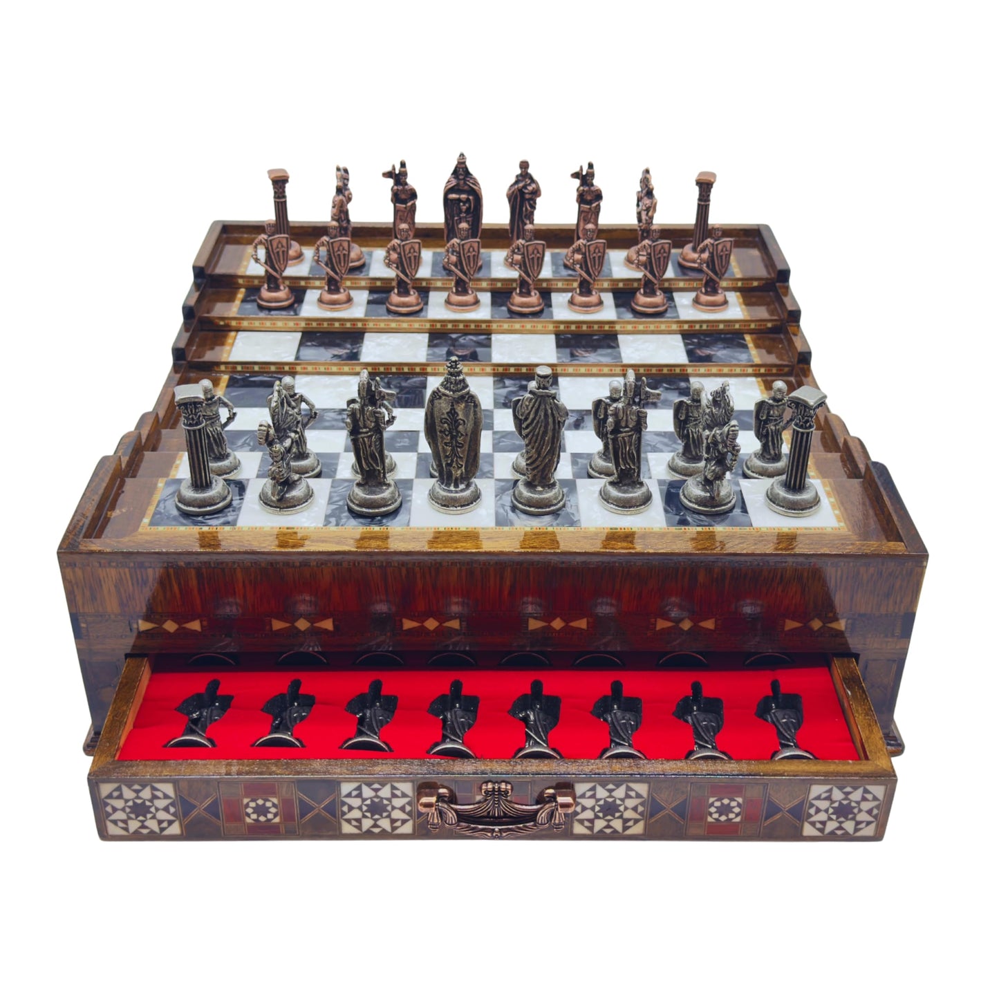 Luxury Handmade Wooden Chess Set with Storage Drawers – Large Walnut & Rosewood Chess Board with Weighted Metal British Pieces – Chess Set for Adults, Men & Dad