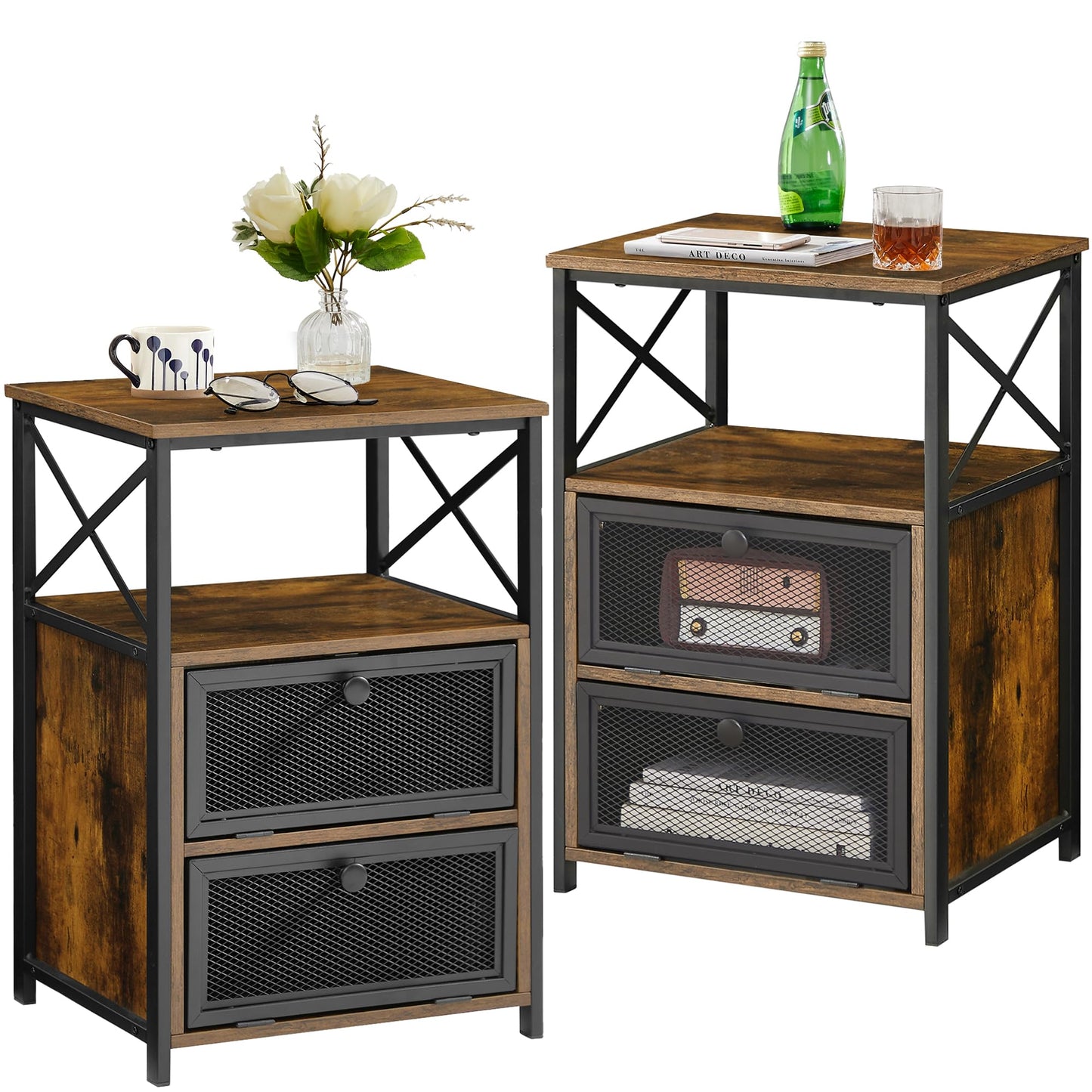 VECELO End Tables Set of 2 with Storage Space,Flip Door Night Stand for Living Room,Bedroom,Small Space,Rustic Brown