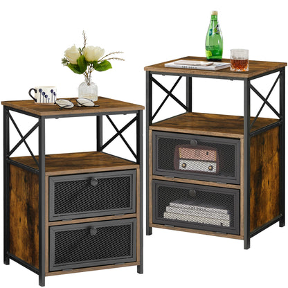 VECELO End Tables Set of 2 with Storage Space,Flip Door Night Stand for Living Room,Bedroom,Small Space,Rustic Brown