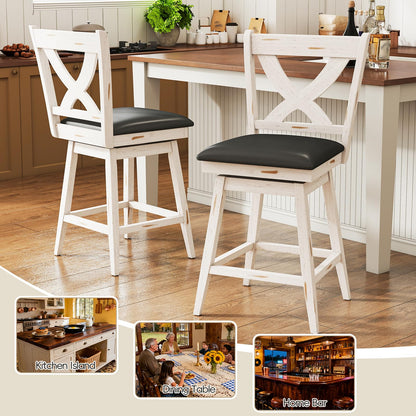 Callales Swivel Bar Stools Set of 4, Farmhouse 24" Counter Height Barstools with X Carved Backs, Wooden Bar Chair with Solid Wood Legs & Footrest for Kitchen Island, Home Bar, Pub. Antique White