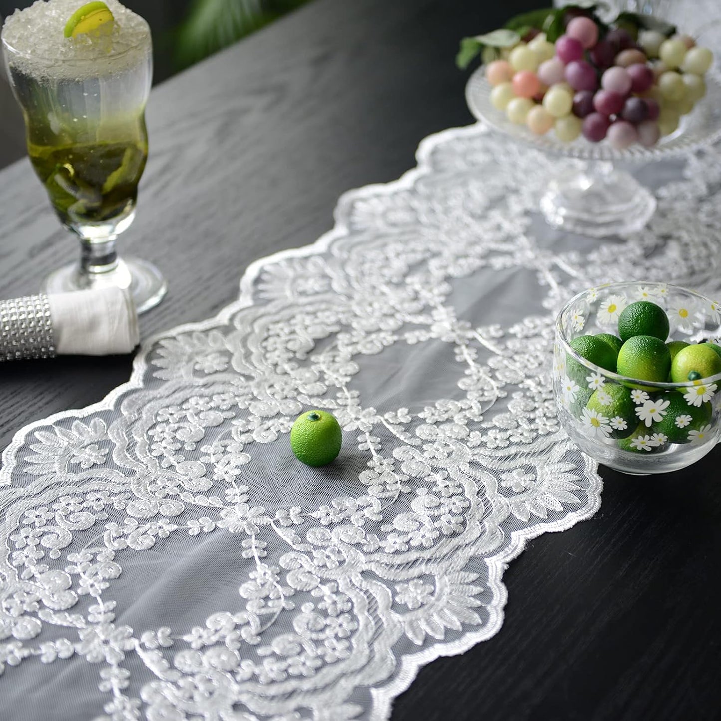 12"70") SUTAVIA Lace Patio Table Runner Embroidered Dresser Scarf, Classic Rectangular Macrame Tablerunner,for Kitchen
