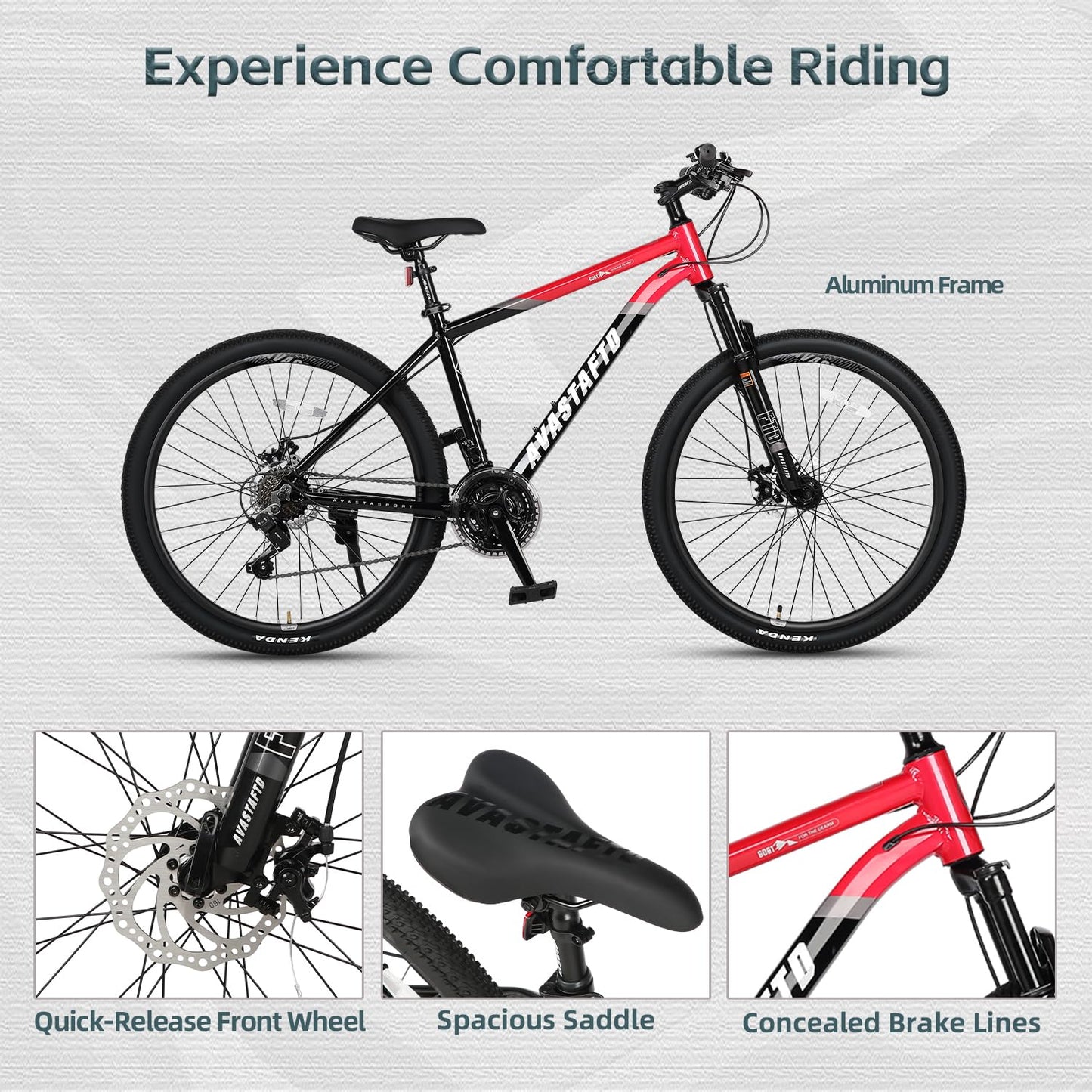 AVASTA 26-inch Mountain Bike for Man Male and Woman Female Adult with Lightweight Aluminum Alloy Frame and Dual Disc Brakes,Front Suspension,21-Speed Shimano Gear Shifters,Hidden Brake Cables,Red