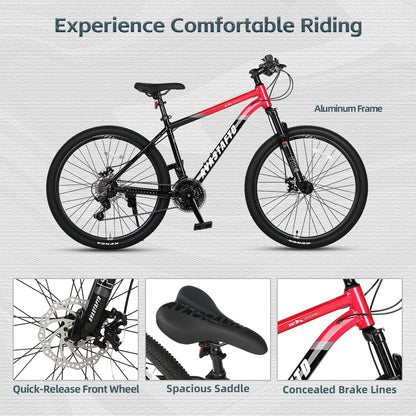 AVASTA 26-inch Mountain Bike for Man Male and Woman Female Adult with Lightweight Aluminum Alloy Frame and Dual Disc Brakes,Front Suspension,21-Speed Shimano Gear Shifters,Hidden Brake Cables,Red