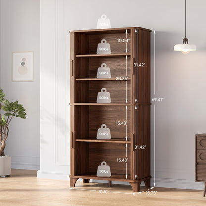 Decofy 69" Tall Kitchen Pantry Storage Cabinet with Sliding Door, Modern Curved Edge Pantry Storage Cabinet with 5 Shelves, Cupboard for the Kitchen, Dining Room, Bedroom, Living Room, Office (Walnut)