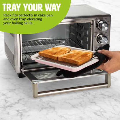 Tasty Nonstick Toaster Oven Baking Set Includes Cake Pan, Oven Tray, Rack, Carbon Steel Bakeware, 3-Piece Set, Pink