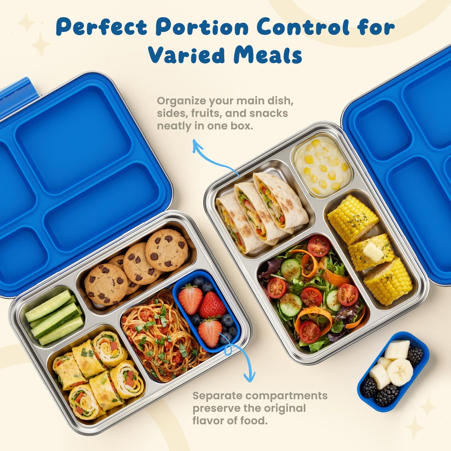FAJSL Stainless Steel Bento Box, 4-Compartment Metal Lunch Box with Removable Silicone, Lunch Container for Kids & Adults with Silicone Inner Container, School, Office, Dishwasher Safe(Blue)