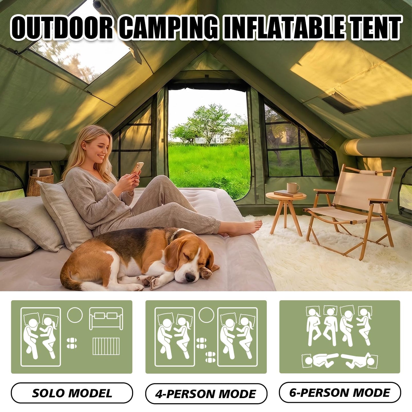 9.8' x 7' Inflatable Tents for Camping 4-6 Person, 4 Season Blow Up Tent with Waterproof & Anti-Moisture Tarp, Luxury Inflatable Hot Tent with Stove Jack for Camping Outdoors