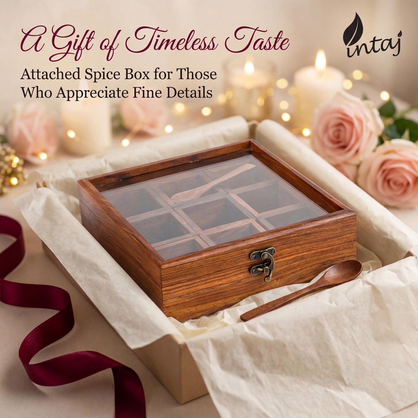 INTAJ Wooden Spice Box Organizer Square Masala Dabba 9 Compartment Seasoning Herb Container Cabinet Pantry Drawer Rack Storage Countertop Shelf Gift For Kitchen Home Cooks Display Set Organiser
