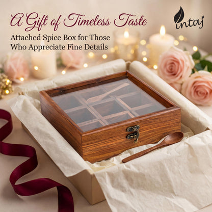 INTAJ Wooden Spice Box Organizer Square Masala Dabba 9 Compartment Seasoning Herb Container Cabinet Pantry Drawer Rack Storage Countertop Shelf Gift For Kitchen Home Cooks Display Set Organiser
