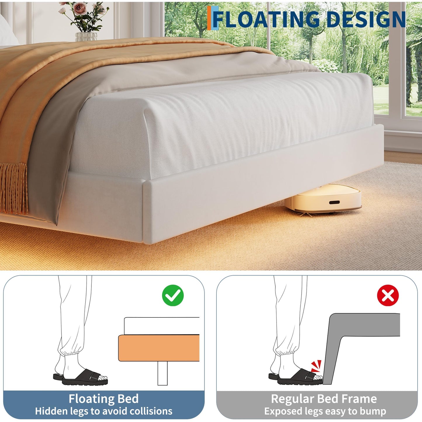 GAOMON Floating Bed Frame Full Size with LED Lights, Velvet Upholstered Platform Full Bed Frame with Wingback Storage Headboard, No Box Spring Needed, Easy Assembly, White