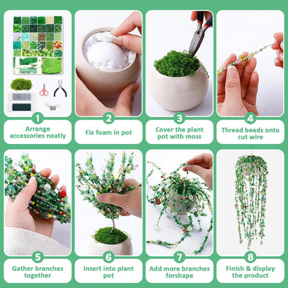 5422PCS Forever Plant Bead Kit, Green Glass Beads for Beaded Plants & Succulent DIY Crafts, Sun Catcher Home Decor Kit with Leaf Flower Beads, Moss, Floral Wire,Bead Stop Clamp (no pot & foam block)
