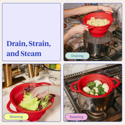 GIR Collapsible Colander for Kitchen, Silicone Strainer and Steamer, BPA-Free, Heat-Resistant, Space-Saving Collapsible Strainer with Stainless Steel Rim, Dishwasher Safe - Red