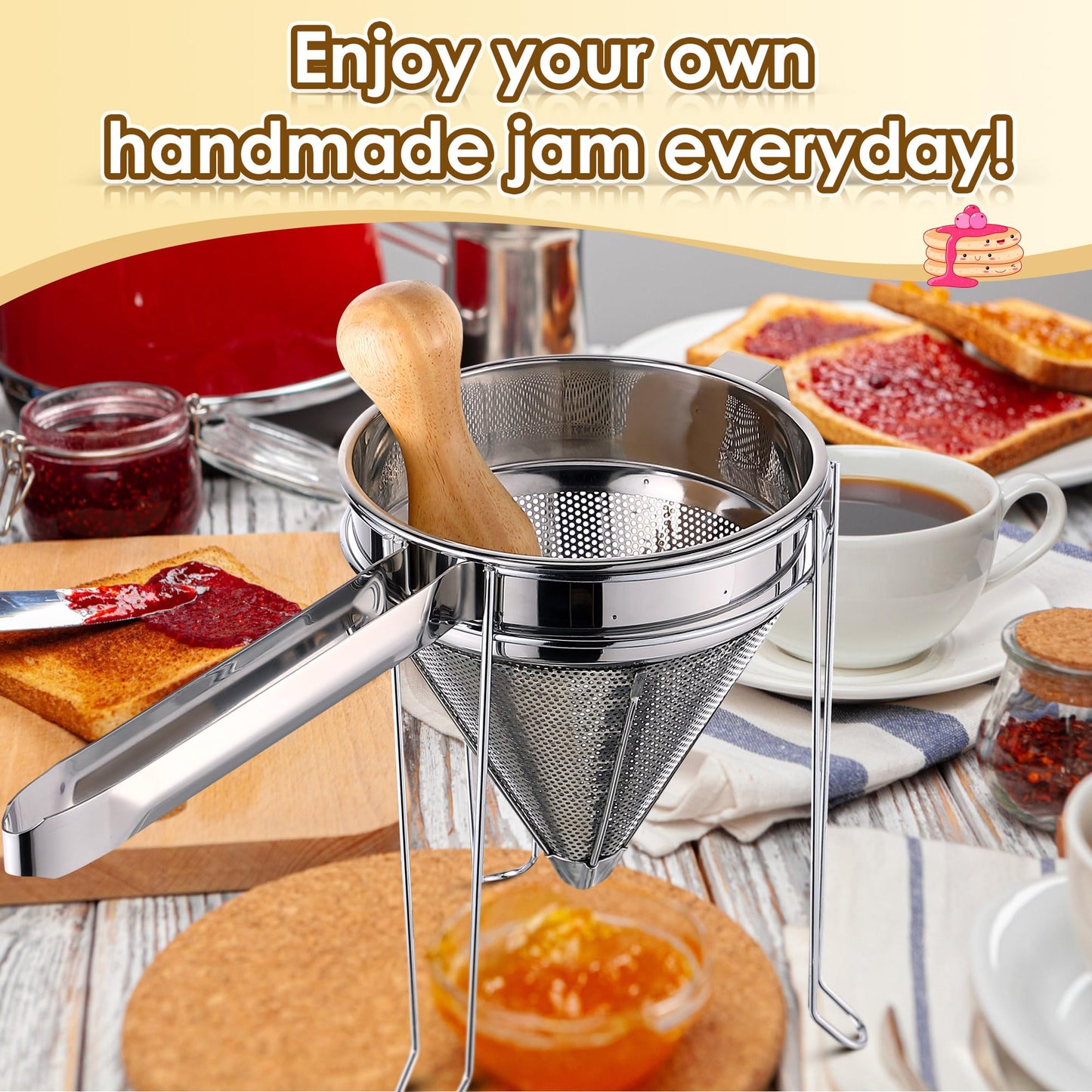 Feekoon Stainless Steel Chinois Strainer with Stand and Wooden Pestle Set, China Cap Strainer for Tomato, Berry, Fruit, Egg, Soup and Other Canning Jam Making Supplies, 15.35 x 7.67 x 7.28 inch
