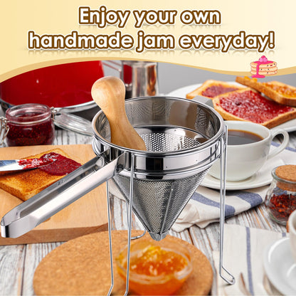 Feekoon Stainless Steel Chinois Strainer with Stand and Wooden Pestle Set, China Cap Strainer for Tomato, Berry, Fruit, Egg, Soup and Other Canning Jam Making Supplies, 15.35 x 7.67 x 7.28 inch