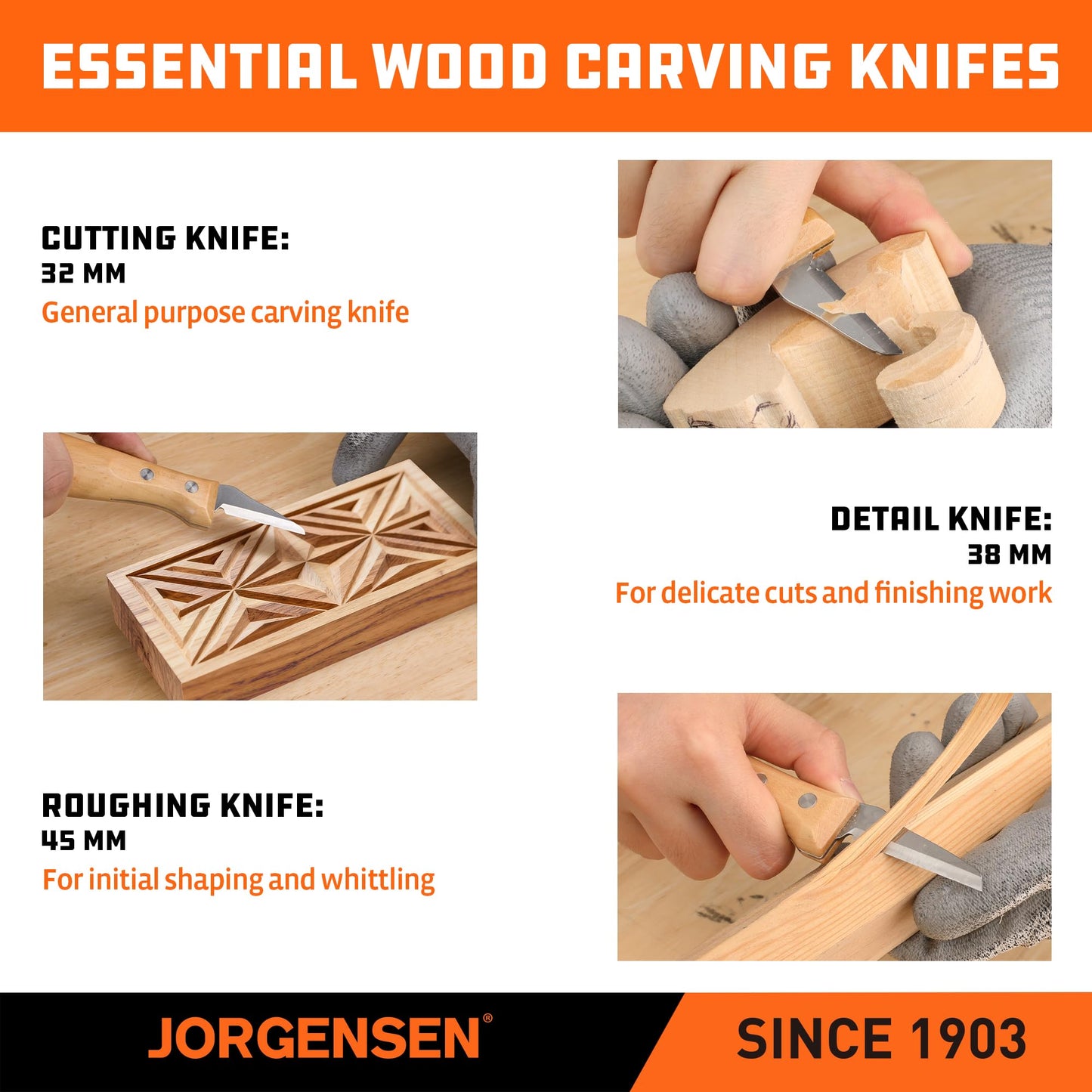 Jorgensen 3-Piece Wood Carving Tools, Stainless Steel Whittling Knife Set with Canvas Pouch, Protective Blade Cover, Ergonomic Curved Handle - Professional Wood Carving Kit for Beginners