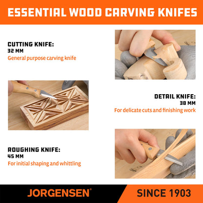 Jorgensen 3-Piece Wood Carving Tools, Stainless Steel Whittling Knife Set with Canvas Pouch, Protective Blade Cover, Ergonomic Curved Handle - Professional Wood Carving Kit for Beginners