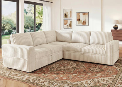 HONBAY Modular Sectional Sleeper Sofa with Pull Out Bed,Corduroy L Shaped Couch with Storage, Sectional Couches for Living Room,Beige
