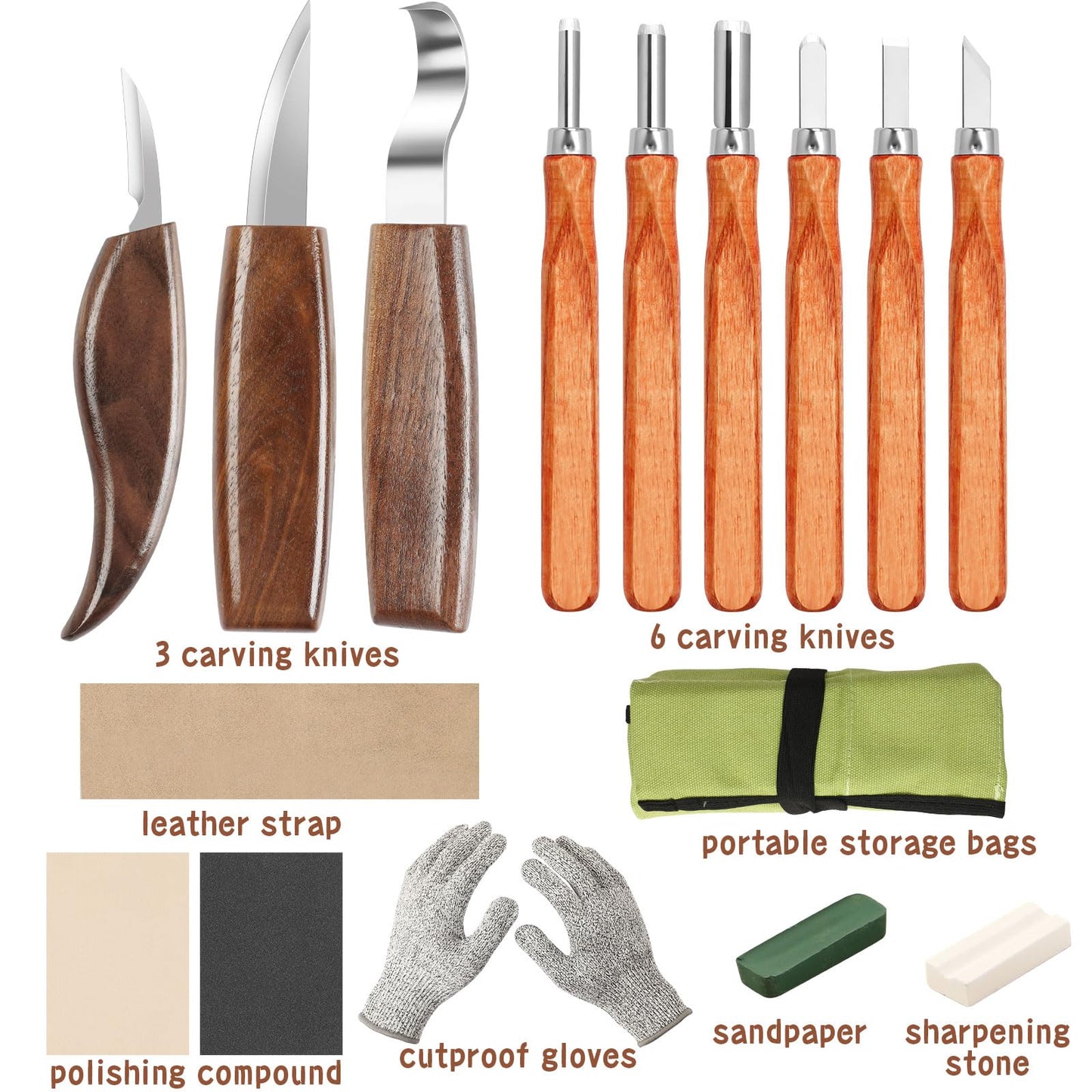 AUGSUN Wood Carving Kit, 17 Pack Wood Whittling Kit Hand Carving Knife Tools Set for DIY Sculpture Carpenter Experts & Beginners