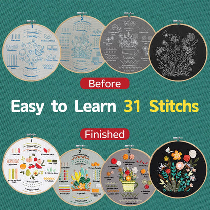 Meyocky Embroidery Kit for Beginners, 4 Pack Starter Embroidery Kits for Adults Learn 31 Stitches with Simple Patterns, Step-by-Step Video Stitch Practice Sampler Kit,Gift for Women Craft Lovers