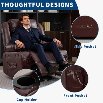 Rocking Recliner Chair for Adults PU Leather Wide Upholstered Glider Recliner with Cup Holder Deep Seat Single Sofa Rocker Chair for Nursery Living Room