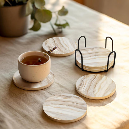 Veyro Set 6 Ceramic Coasters of Absorbent Stone Drink Coasters with Holder, Non-Slip Cork Backing, Modern Marble Look