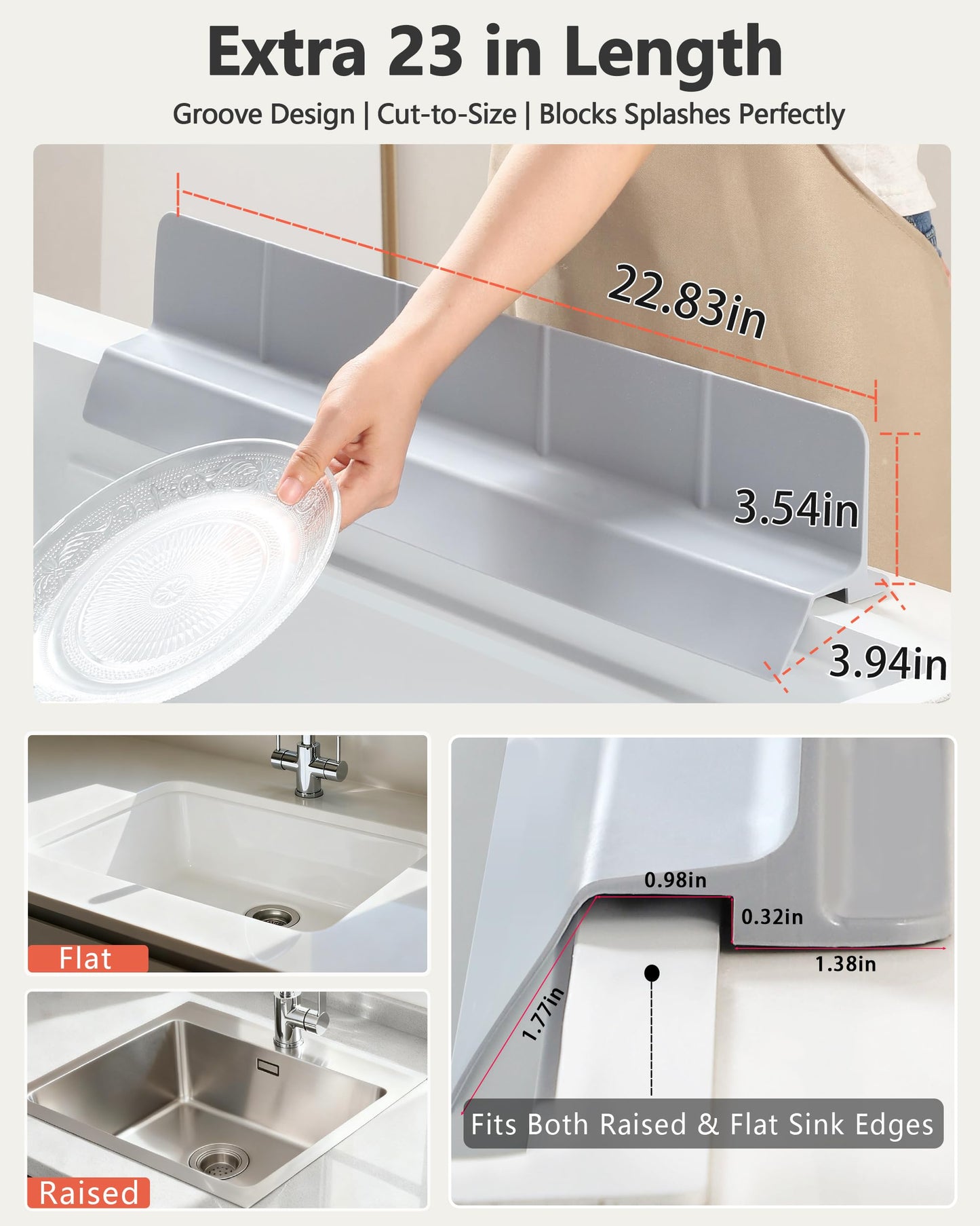 Akrelyan Kitchen Sink Splash Guard 23" 18" Self-Draining Silicone Water Guard with High Splash Wall & Strong Suction Cups for Faucet, Countertop & Sink Edge, Keeps Sinks Dry, Dishwasher Safe, Gray