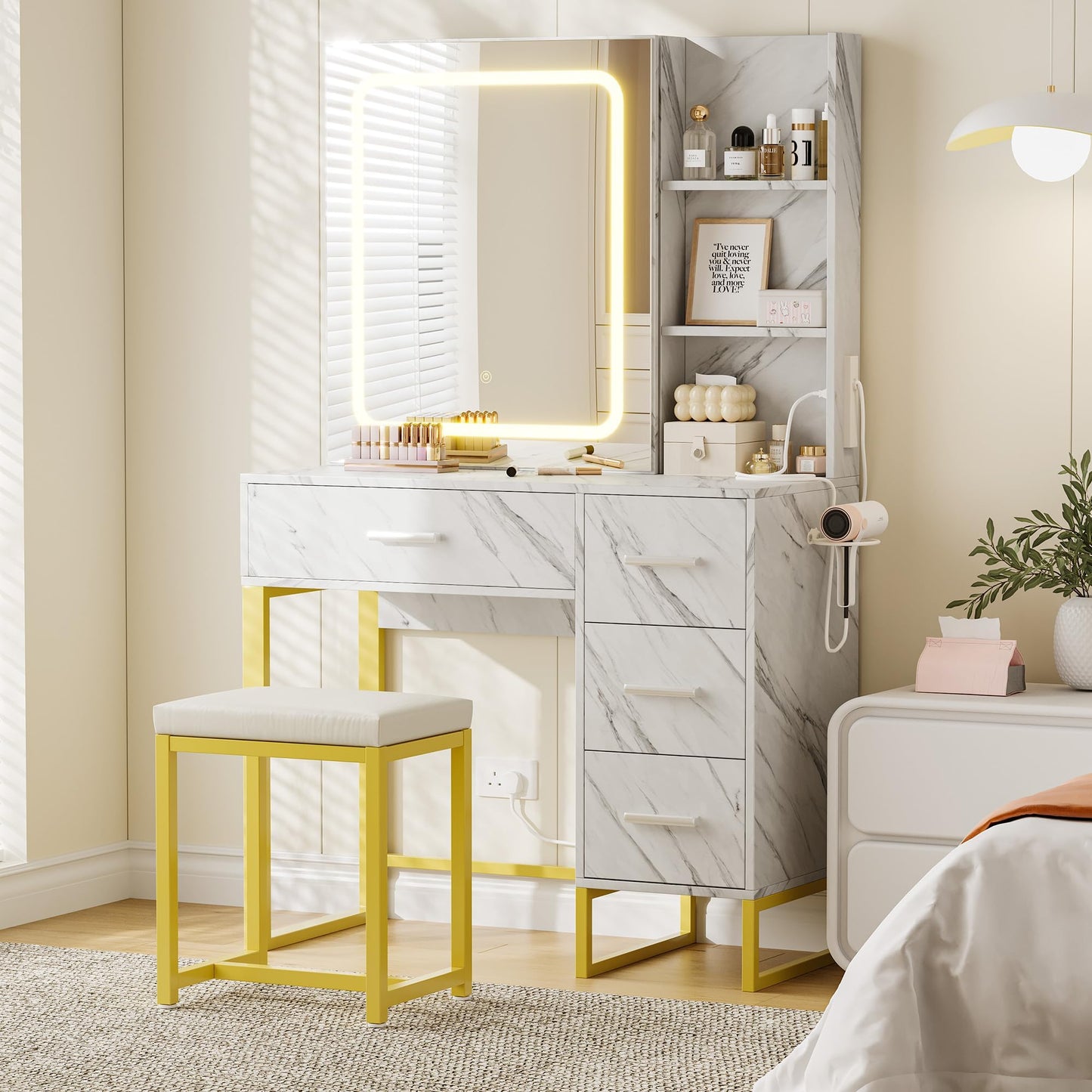 57'' Large Vanity Desk with Mirror & Lights, Makeup Vanity Table with Charging Station, 3 Lighting Modes, Elegant Vanity Set with 4 Drawers and Shelves, Cushioned Stool,Marble White