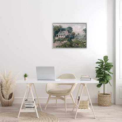 Stupell Industries Classic Countryside House Painting, Roaming Farm Animals Framed Wall Art