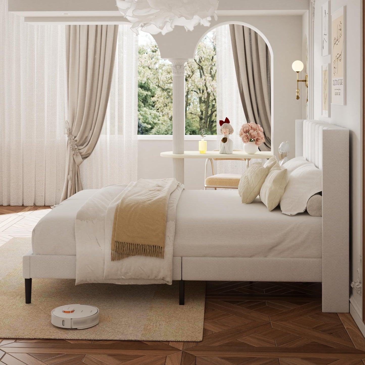 HAOARA King Size Velvet Bed Frame and Vertical Chanel Tufted Headboard, Upholstered Platform Bed wtih Wingback, No Box Spring Needed, Strong Wooden Slats, White