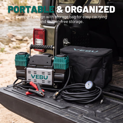 VEBU Heavy Duty Air Compressor 12V Tire Inflator, Dual Cylinder 125PSI with In-line Pressure Gauge, 10.6CFM Fast Inflation for Off-road Vehicles, Trucks, SUVs, RVs, ATVs, DC Power, Corded Electric