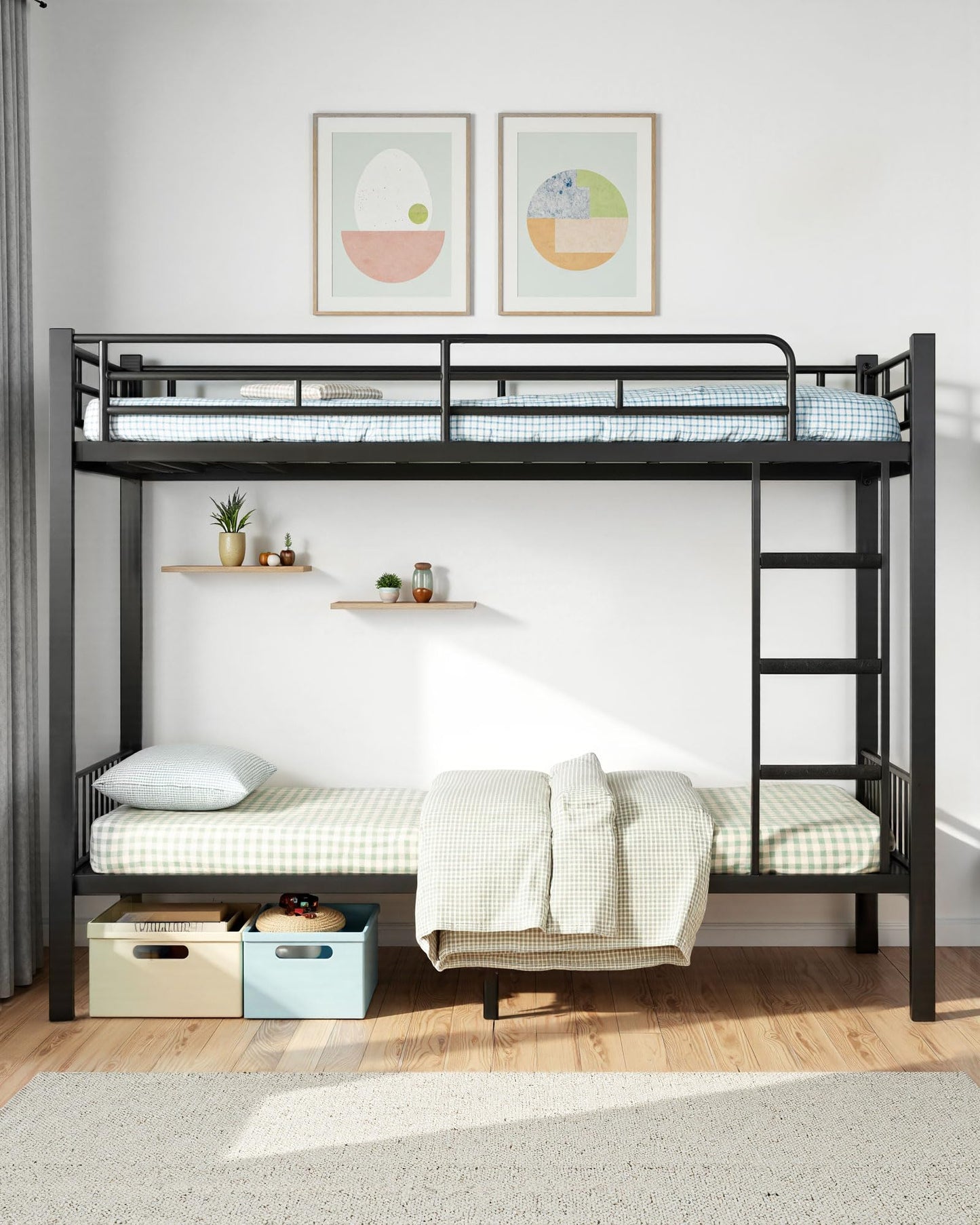Mixcous Queen Over Queen Bunk Bed, Heavy Duty Metal Queen Bunk Bed Frame with Full-Length Guardrails & EVA Anti-Slip Ladder for Adults, Noise-Free, No Box Spring Needed, Black