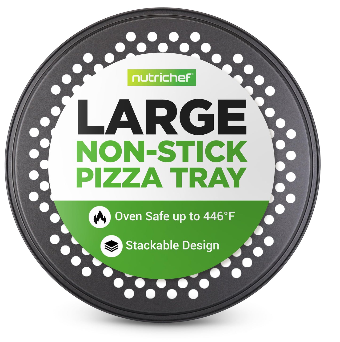 NutriChef 12.8 Inch Nonstick Pizza Pan for Oven - Carbon Steel Pizza Baking Tray with Airflow Holes - Premium Bakeware for Fresh & Frozen Pizza, Dishwasher Safe - Gray