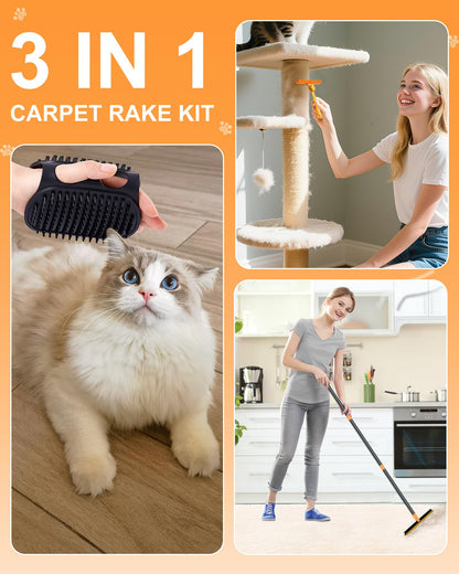 COVITKAN 3 in 1 Carpet Rake for Pet Hair Removal Tool, 51” Adjustable Long Handle Pet Hair Removal Broom, Pet Grooming Brush, Cat Dog Hair Remover Carpet Scraper for Rugs, Mats