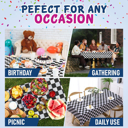 Clearly White and Black Checkered Plastic Tablecloth Roll with Cutter, 423 Sq.Ft (52"x1181") Extra Large Disposable Plastic Table Cloth for Parties, Events and Outdoor Gatherings