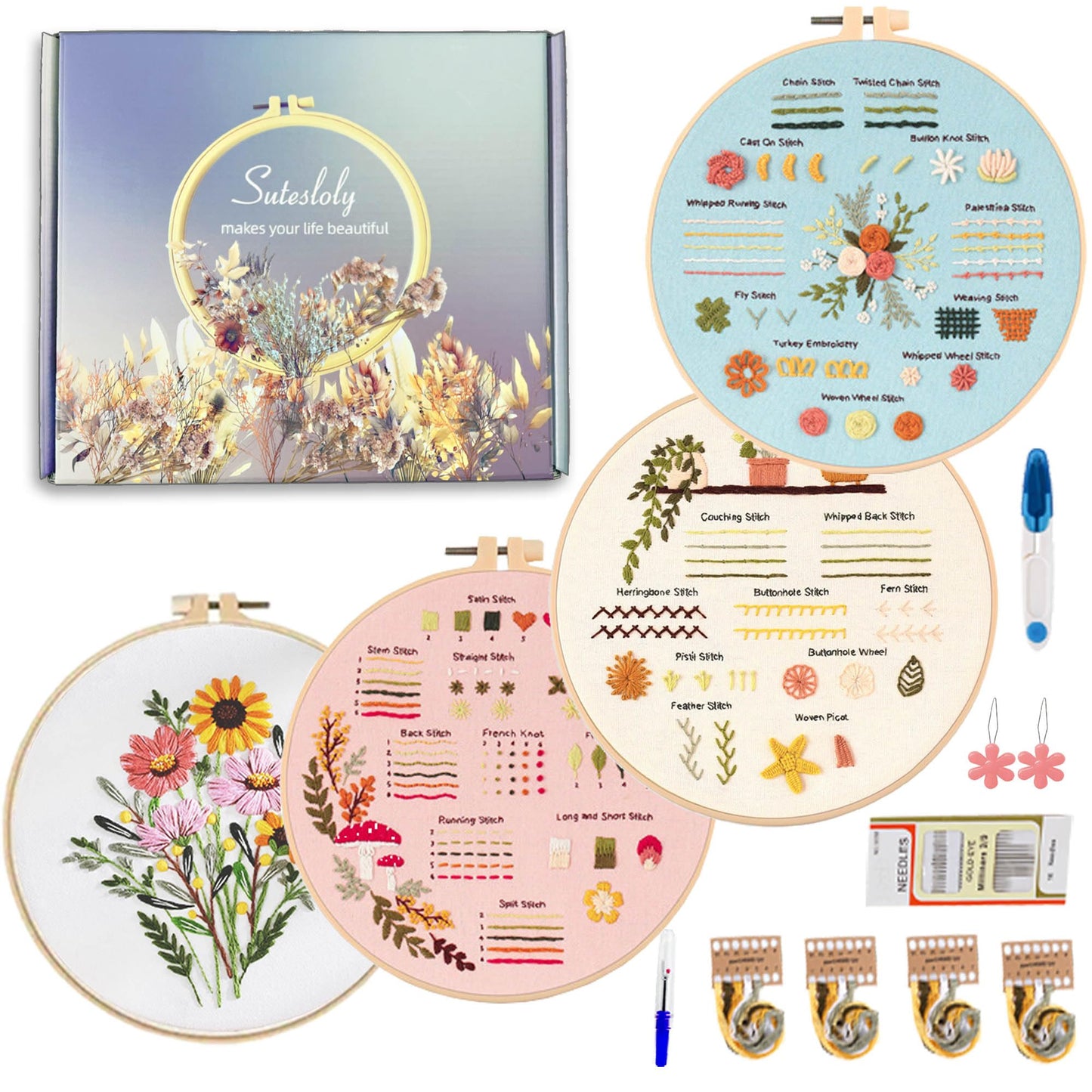 Sutesloly Hand Embroidery Kit for Beginners, 4 Sets Learn to Floral Patterns Simple Beginner Starter kit for Adults, 33 Stitches Easy Embroidery Practice Kit, 7.8inch Hoop, DIY Craft Gift for Women