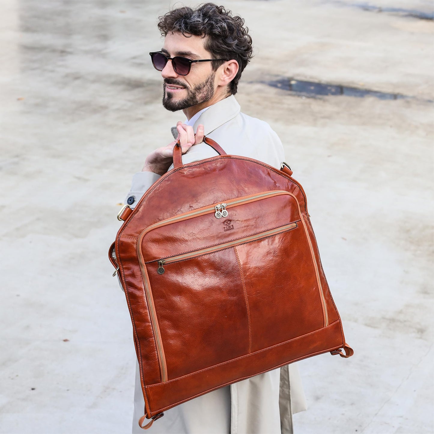 Time Resistance Leather Garment Bag - Slim Carry-On Suit Carrier for Dress Protection (Cognac Brown)