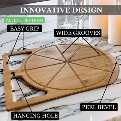 17"x13.5" Bamboo Pizza Peel & Cutting Board 2-in-1 | Dual-Grip Wooden Pizza Paddle with Pizza Spatula | Large Pizza Board Baking Accessories | Pizza Turning Peel for Oven, 2-in-1 Pizza Set