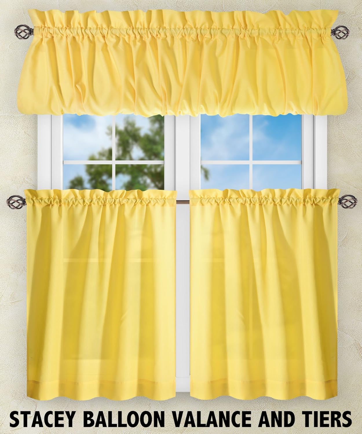 Ellis Curtain Stacey Sheer Tailored Tier Pair Curtains, Yellow, 56" x 30"