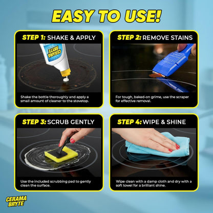 Cerama Bryte Glass Cooktop and Stove Top Cleaner Combo Kit - Includes Cleaning Tool, Razor, Scraper and 1 Pad to Remove Tough Stains - Use on Gas, Electric, Ceramic Surfaces, 10 Ounces, 4 Piece