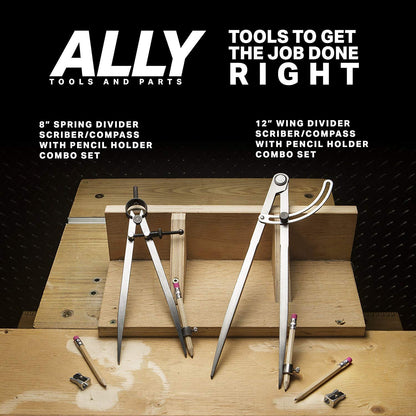 ALLY Tools 12 Inch Precision Locking Wing Divider/Woodworking Compass with Pencil Holder INCLUDES Two Pencils and Pencil Sharpener Ideal for Drawing, Drafting, Carpentry
