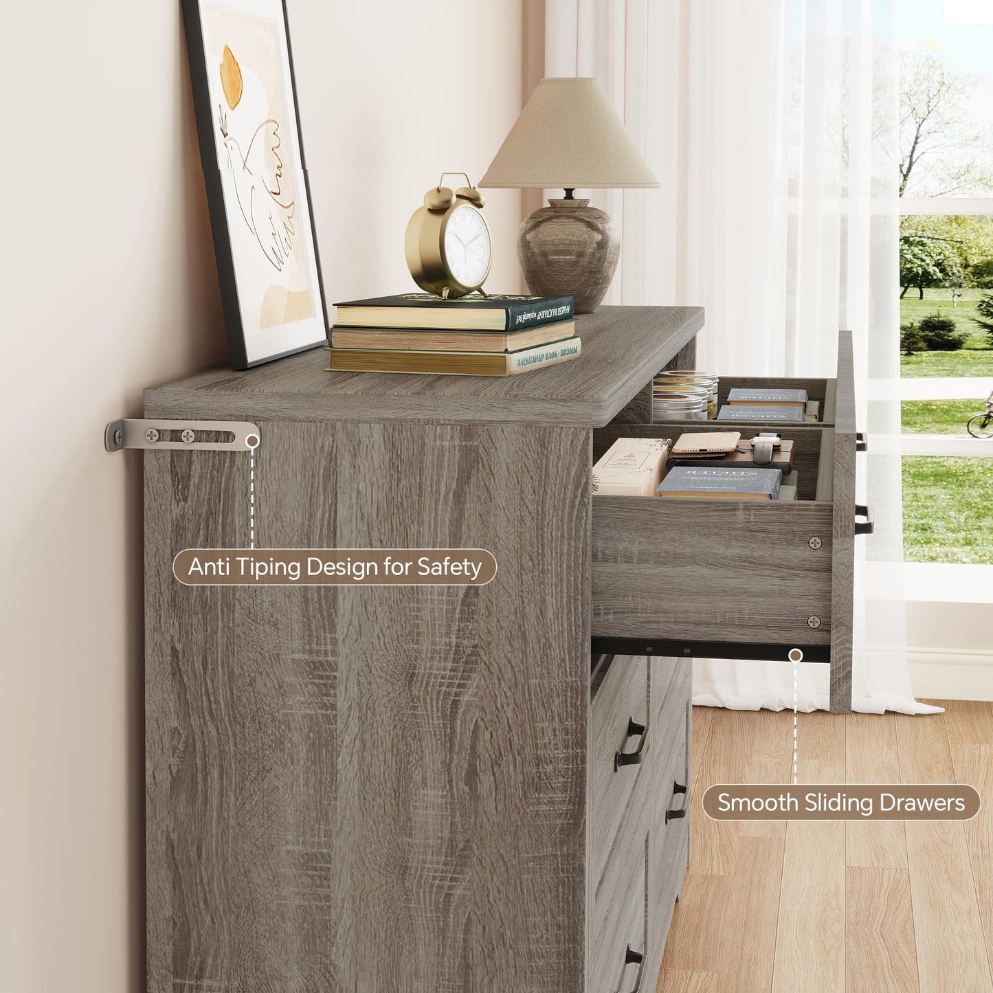 Ball & Cast Farmhouse 6 Drawer Dresser for Bedroom, 47" W Modern Chest of Drawers with Metal Handles, Wood Dresser TV Stand, Dresser Drawer Organizer for Closet, Living Room,Hallway,Gray